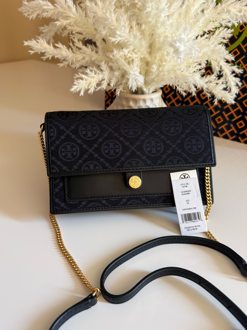 NWT TORY BURCH T Monogram Chain Wallet Crossbody 160487 Black $390